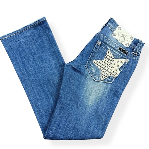Miss Me Jeans Womens 27 Blue Bootcut Embroidered Stars Stripe Pockets Rhinestone - Picture 15 of 16